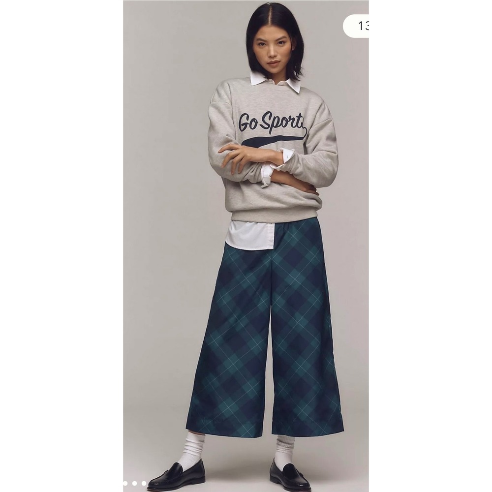 Maeve Anthropologie Plaid Wide Leg Pants Teal Navy Blue High Rise Cropped Small